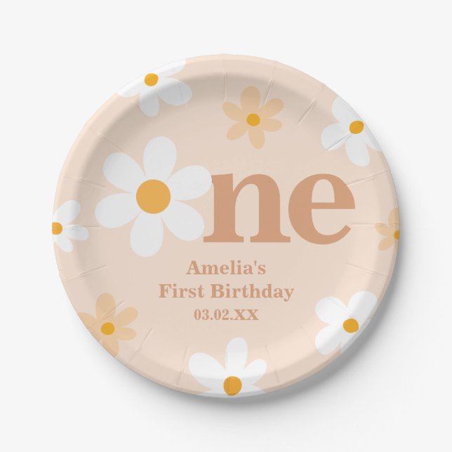 Boho Daisy One 1st Birthday Girl Party  Paper Plate (Front)