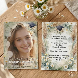 Boho Daisy Pampas Grass Photo Graduation Announcement