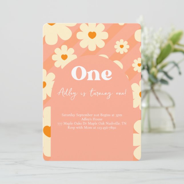 Boho Daisy Rainbow 1st Retro Birthday Invitation (Standing Front)