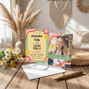 Boho Daisy Retro Sage Green Photo Graduation Party Invitation
