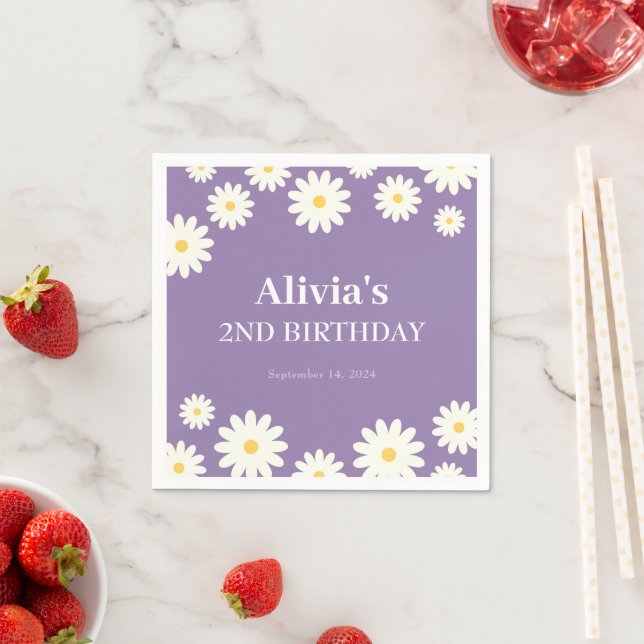 Boho Daisy Two Floral Purple Bohemian 2nd Birthday Napkin (Insitu)