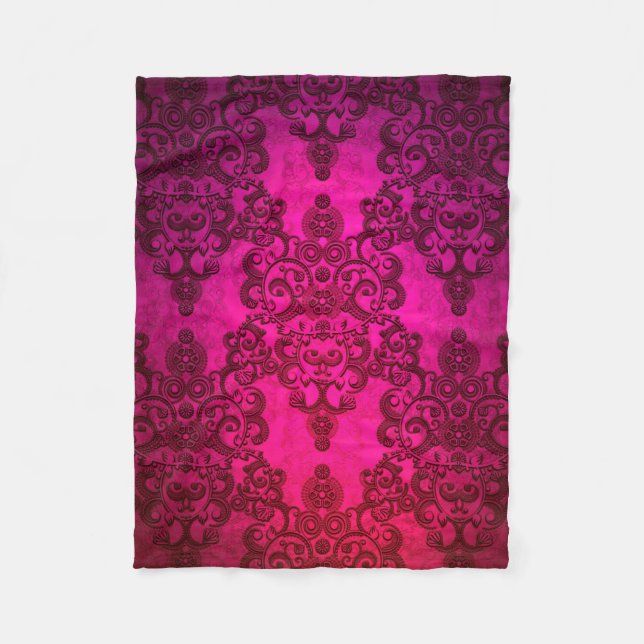 Boho Damask Deep Glowing Pink Victorian Style Fleece Blanket (Front)