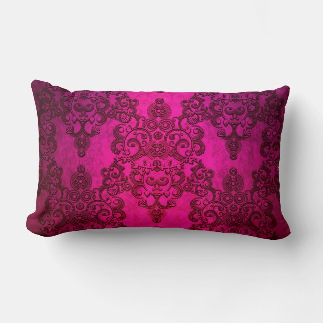 Boho Damask Deep Glowing Pink Victorian Style Lumbar Cushion (Front)