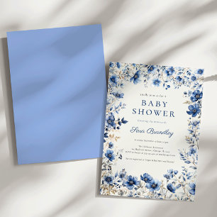 Boho Dark and Dusty Blue Wildflowers Baby Shower Invitation