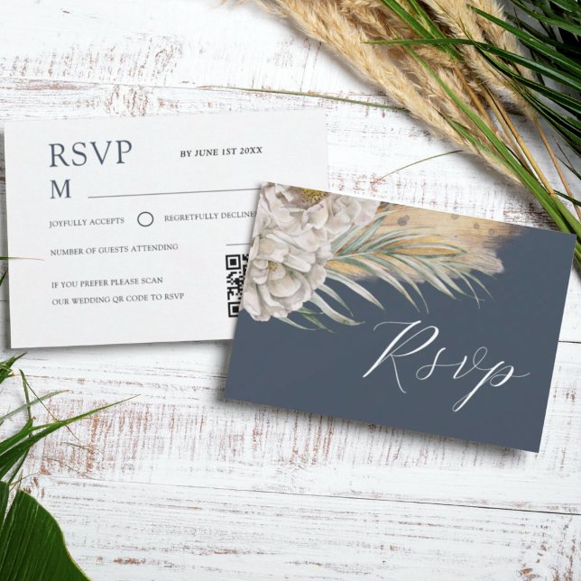 Boho Dark Blue Watercolor Floral RSVP Card (Creator Uploaded)