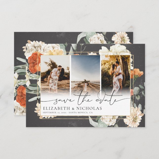 Boho Dark Floral | 3 Photo Wedding Save The Date (Front/Back)