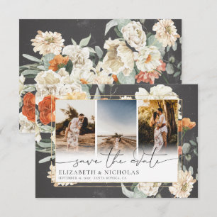 Boho Dark Floral 3 Photo Wedding Save The Date