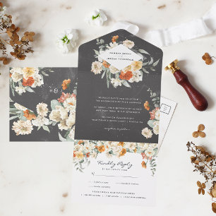 Boho Dark Floral Greenery Botanical Wedding All In One Invitation