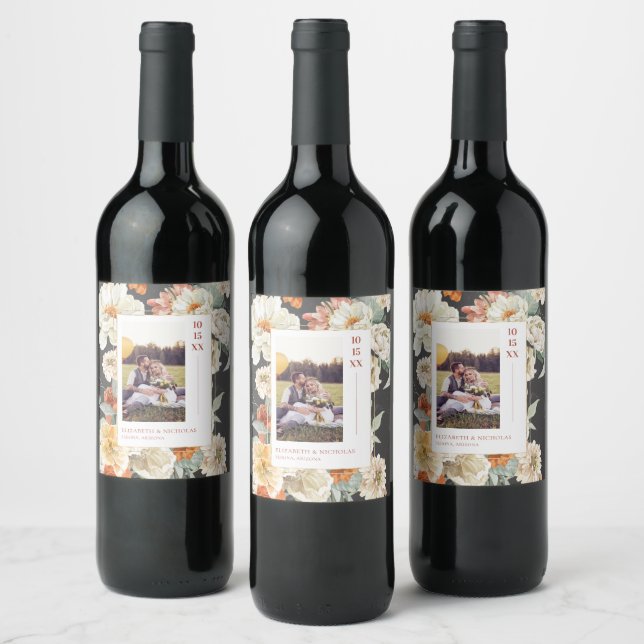 Boho Dark Floral | Monogram Wedding Photo Wine Label (Bottles)