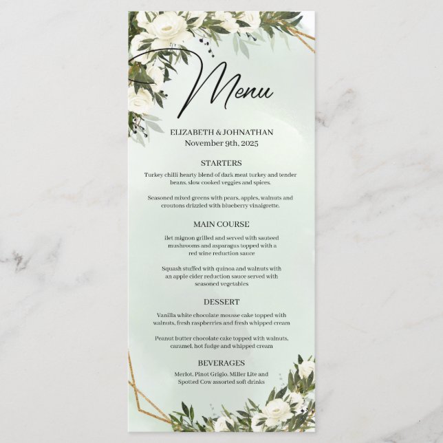Boho dark green foliage white roses gold frame menu (Front)
