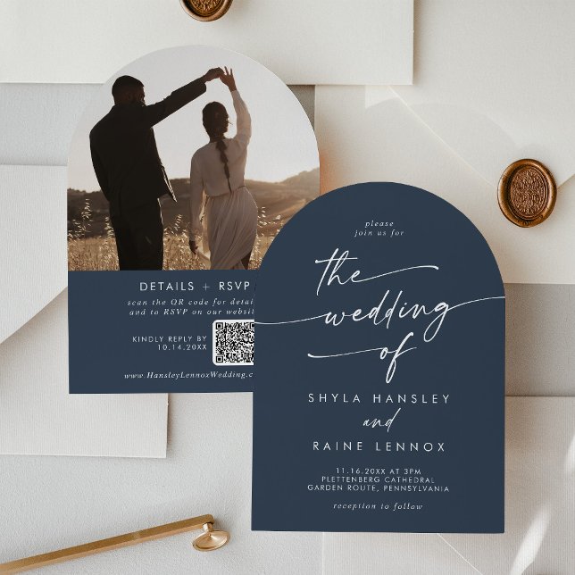 Boho Dark Navy Blue Photo QR Code Arch Wedding Invitation (Creator Uploaded)