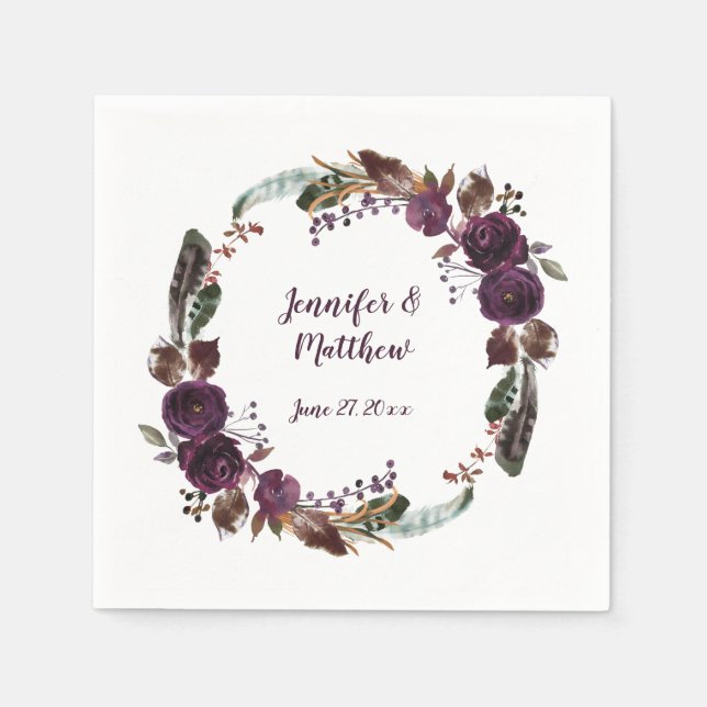 Boho Dark Purple and Butter Rum Roses Greenery Napkin (Front)