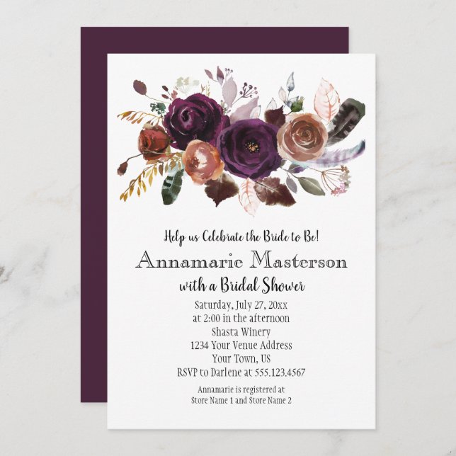 Boho Dark Purple Rust Floral Bridal Shower Invitation (Front/Back)