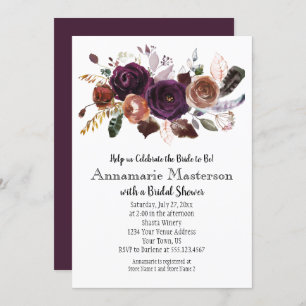 Boho Dark Purple Rust Floral Bridal Shower Invitation