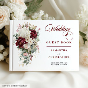 Boho dark red gold roses wedding guest book style