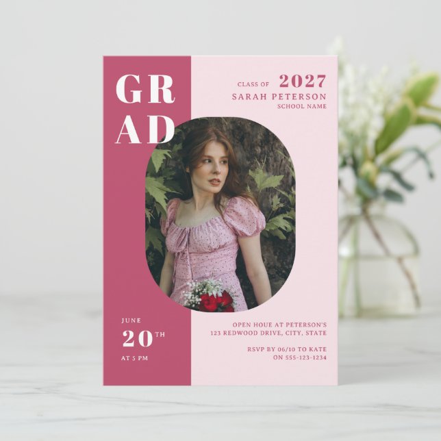 Boho Dark Rose Bold Typography Photo Graduation Invitation (Standing Front)