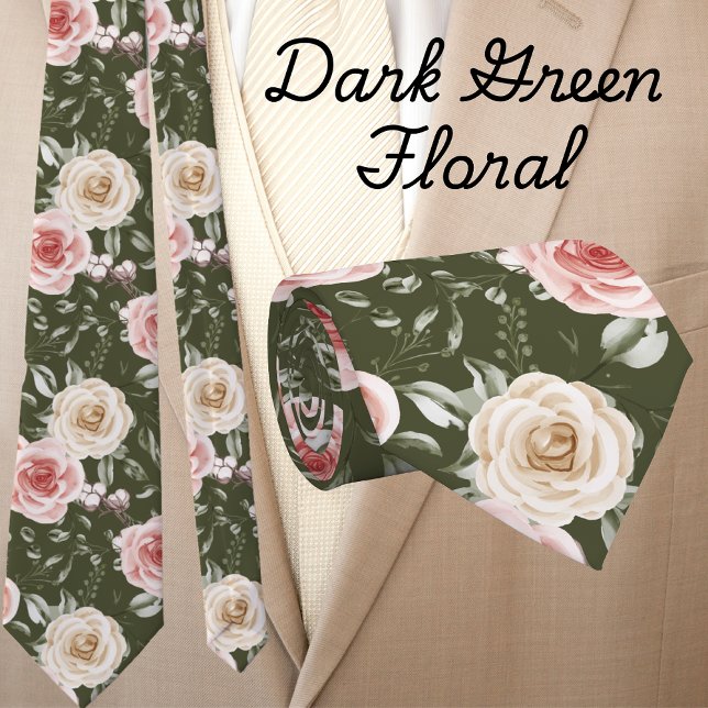 Boho Dark Sage Green Blush Cream Floral Neck Tie (Creator Uploaded)