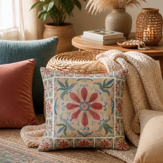Boho Decorative Tile (Floral) Throw Pillow (Creator Uploaded)