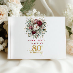 Boho Deep Red Floral 80th Birthday Guest Book