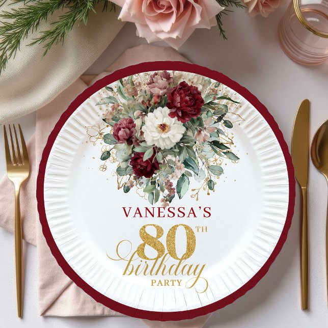 Boho Deep Red Floral 80th Birthday Paper Plates (Boho Deep Red Floral 80th Birthday Paper Plates)