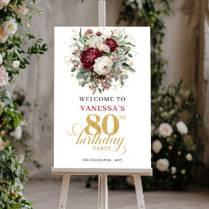 Boho Deep Red Floral 80th Birthday Welcome Poster