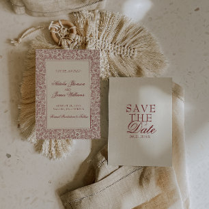 Boho Deep Red Floral Botanical Burgundy Wedding Save The Date