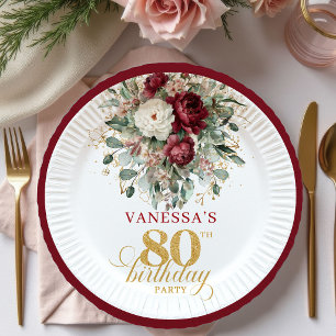 Boho Deep Red Floral Gold 80th Birthday Paper Plate