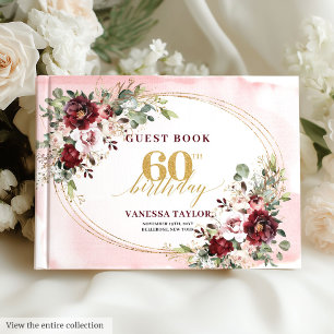 Boho Deep Red Gold Floral 60th Birthday Guest Book