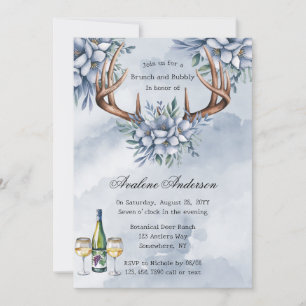 Boho Deer Antler Blue Floral Brunch & Bubbly Invitation