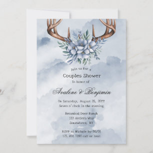 Boho Deer Antler Blue Floral Wedding Couple Shower Invitation