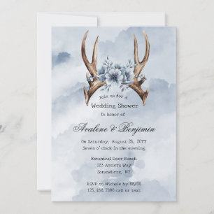 Boho Deer Antler Blue Floral Wedding Couple Shower Invitation