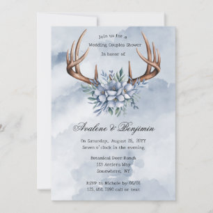 Boho Deer Antler Blue Floral Wedding Couple Shower Invitation