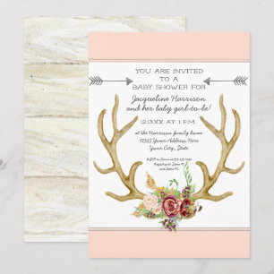 BOHO Deer Antler Blush Floral Baby Girl Shower Invitation