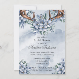 Boho Deer Antler Dusty Blue Floral Bridal Shower Invitation