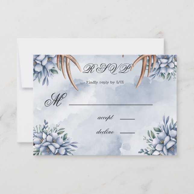 Boho Deer Antler Dusty Blue Floral  RSVP Card (Front)