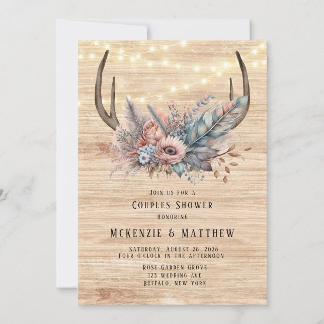 Boho Deer Antler Floral Couples Shower Invitation (Front)