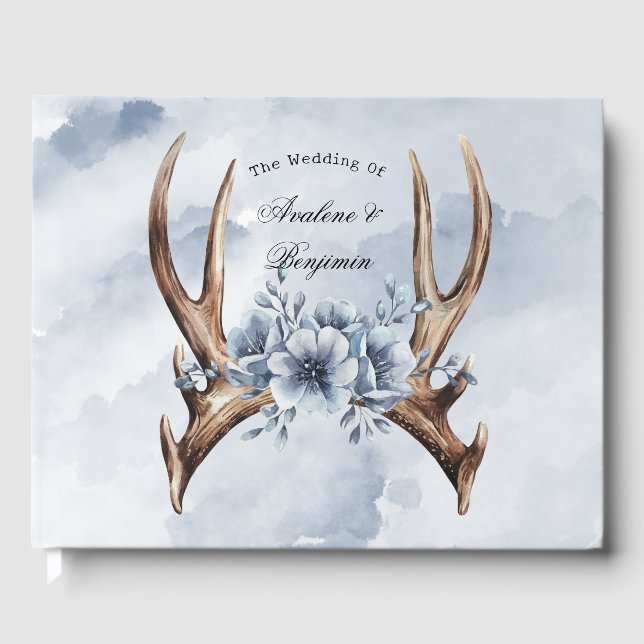Boho Deer Antler with Blue Florals Wedding Guest Book (Front)