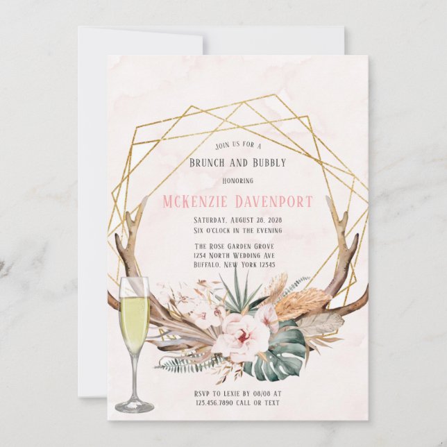 Boho Deer Antlers and Florals Brunch and Bubbly Invitation (Front)