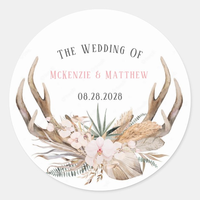 Boho Deer Antlers and Florals Wedding Classic Round Sticker (Front)