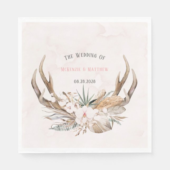 Boho Deer Antlers and Florals Wedding Napkin (Front)
