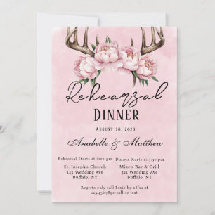 Boho Deer Antlers Pink Peonies Rehearsal Dinner Invitation