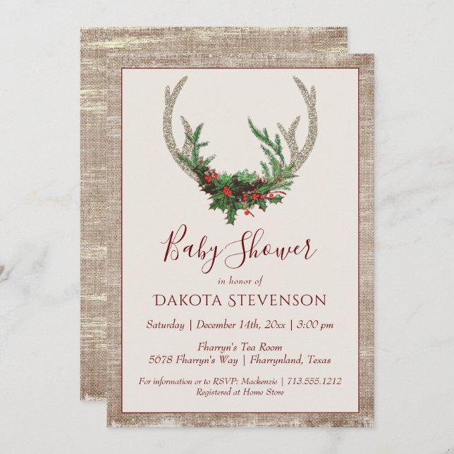 Boho Deer Antlers | Rustic Christmas Baby Shower Invitation (Front/Back)