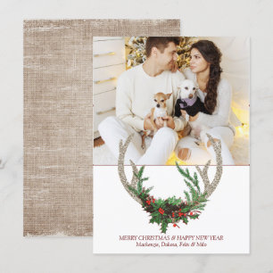 Boho Deer Antlers   Rustic Christmas Floral Photo Holiday Card