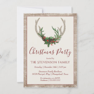 Boho Deer Antlers   Rustic Floral Christmas Party Holiday Card