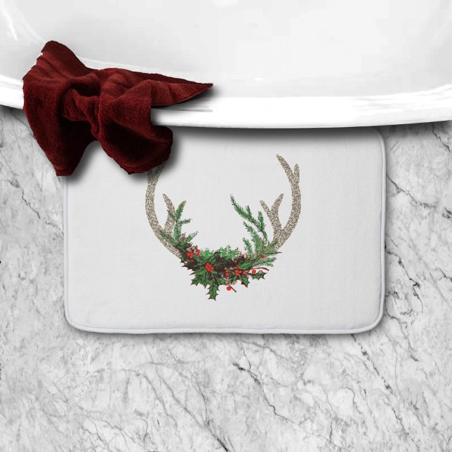 Boho Deer Antlers | Rustic Red Christmas Floral Bath Mat (Creator Uploaded)