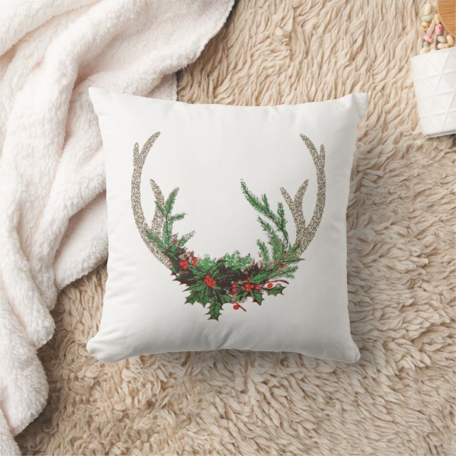Boho Deer Antlers | Rustic Red Christmas Floral Cushion (Blanket)