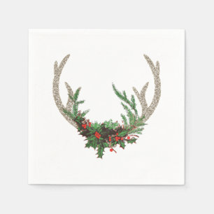 Boho Deer Antlers Rustic Red Christmas Floral Napkin