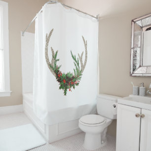 Boho Deer Antlers   Rustic Red Christmas Floral Shower Curtain