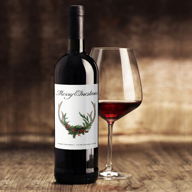 Boho Deer Antlers | Rustic Red Christmas Floral Wine Label (Creator Uploaded)