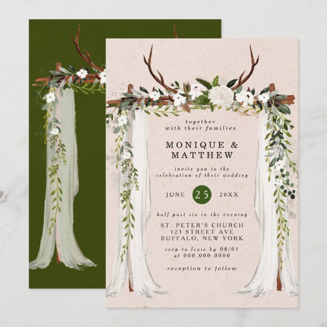 Boho Deer Antlers White Canopy Rustic Wedding Invitation (Front/Back)